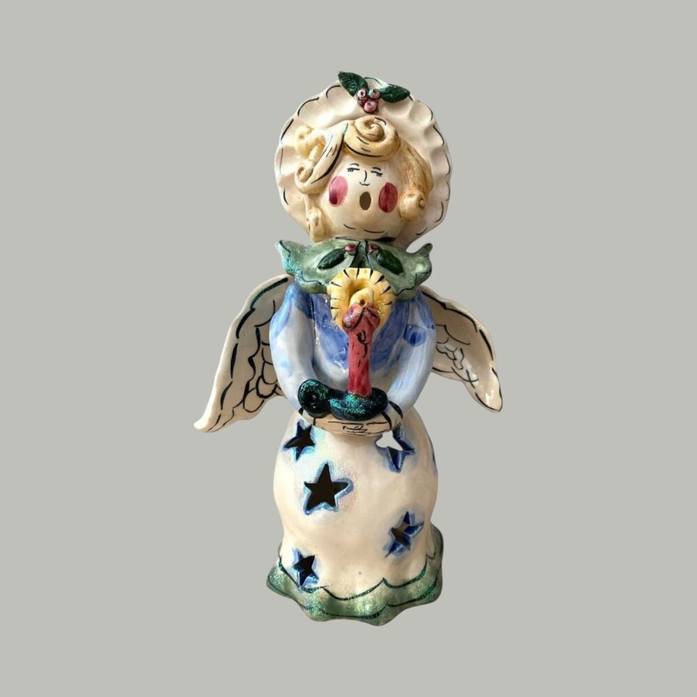 Blue Sky Heather Goldminc Angel Candle Tea Light Holder 2001 Holly Berry